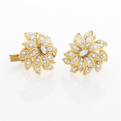 Lot 181 - Pair of Two-Color Gold and Diamond Flower Cufflinks