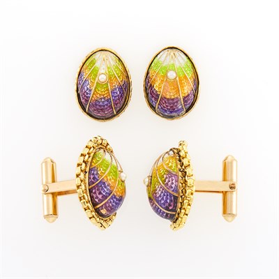 Lot 82 - Pair of Gold, Gold-Plated, Multicolored Enamel and Split Pearl Earrings and Cufflinks