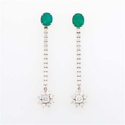 Lot 127 - Pair of White Gold, Emerald and Diamond Pendant-Earrings