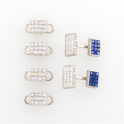 Lot 111 - White Gold, Invisibly-Set Sapphire and Diamond Dress Set