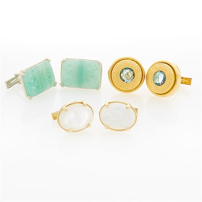 Lot 87 - Pair of Gold and Blue Topaz Cufflinks, Gold and Mother-of-Pearl Cufflinks and Silver and Carved Jade Cufflinks