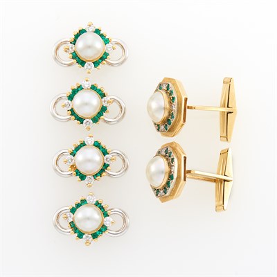 Lot 199 - Gold, Cultured Pearl, Green Garnet and Diamond Dress Set