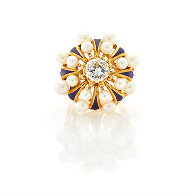 Lot 1143 - Gold, Diamond, Cultured Pearl and Enamel Ring