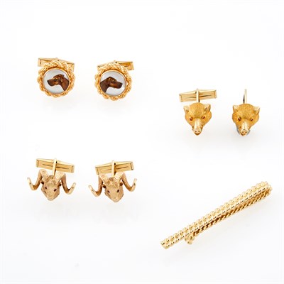 Lot 1180 - Three Pairs of Gold, Ruby and Reverse Crystal Intaglio Cufflinks and Tie Bar