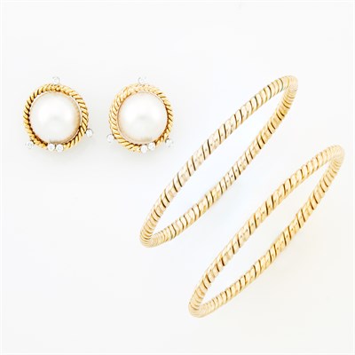 Lot 1051 - Pair of Gold, Mabé Pearl and Diamond Earclips and Pair of Fluted Gold Bangle Bracelets