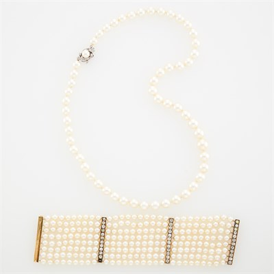 Lot 108 - Two-Color Gold, Cultured Pearl and Simulated Diamond Necklace and Multistrand Bracelet