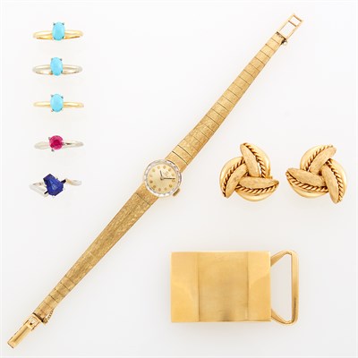 Lot 159 - Gold Belt Buckle, Pair of Cufflinks, Five Gem-Set Rings and Omega Wristwatch