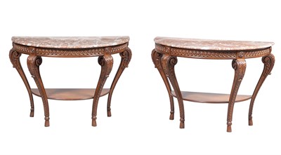 Lot 206 - Pair of Louis XVI Style Marble Top Walnut Demilune Consoles