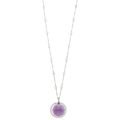 Lot 46 - Platinum, Cabochon Amethyst and Diamond Pendant Chain Necklace