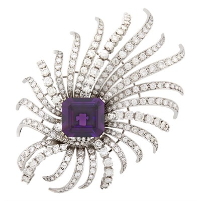 Lot 31 - White Gold, Amethyst and Diamond Spray Brooch