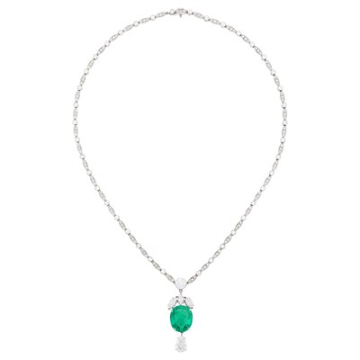 Lot 95 - Platinum, Emerald and Diamond Pendant-Necklace