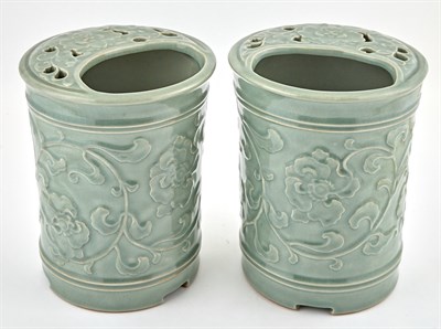 Lot 104 - A Fine Pair of Japanese Celadon Glazed...