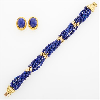 Lot 228 - Multistrand Lapis Bead and Gold Bracelet and Tiffany & Co. Pair of Gold and Lapis Earclips