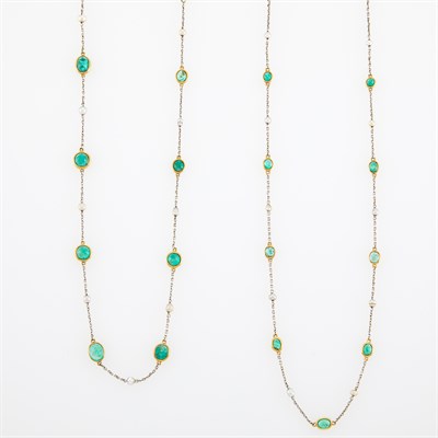 Lot 126 - Long Platinum, Gold, Cabochon Emerald and Pearl Necklaces