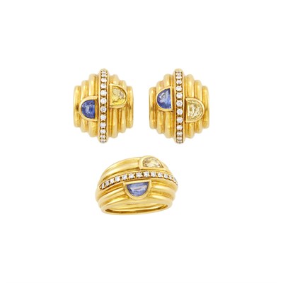 Lot 93 - Pair of Gold, Sapphire, Yellow Sapphire and Diamond Earclips and Ring