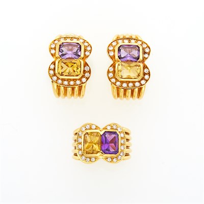 Lot 234 - Adler Gold, Amethyst, Citrine and Diamond Earclips and Ring