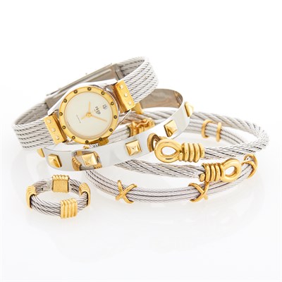 Lot 48 - Bulgari Stainless Steel and Gold Bangle Bracelet and Fred Paris Wristwatch, Two Bangle Bracelets and Ring