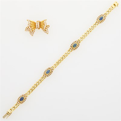 Lot 187 - Adler Gold and Diamond Bow Pin and Cabochon Sapphire and Diamond Bracelet