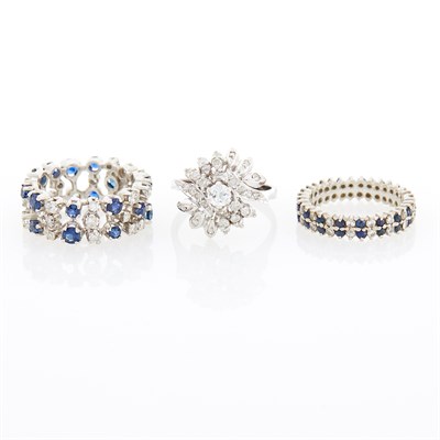 Lot 102 - Two White Gold, Sapphire and Diamond Band Rings and Diamond Ring