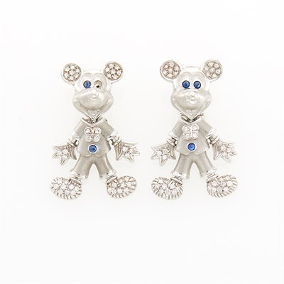Lot 114 - Pair of White Gold, Cabochon Sapphire and Diamond Mickey Mouse Earclips