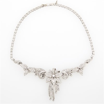 Lot 98 - Rhodium-Plated Silver and Diamond Flower Pendant-Necklace
