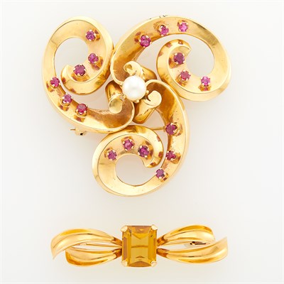 Lot 37 - Gold, Ruby and Cultured Pearl Brooch and Citrine Brooch