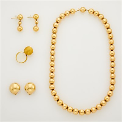 Lot 58 - Gold Bead Necklace, Pair of Gold Bead Pendant-Earrings, Gold Ball Ring and Tiffany & Co. Pair of Gold Dome Earclips
