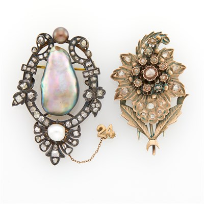 Lot 93 - Silver, Low Karat Gold, Pearl and Diamond Brooch and Clip