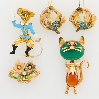 Lot 54 - Three Gold, Enamel and Gem-Set Pins and Pair of Two-Color Gold and Silver Bird Earrings