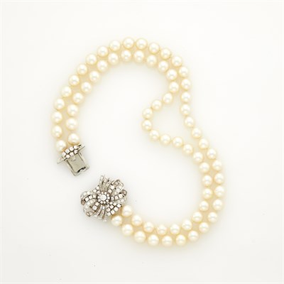 Lot 127 - Double Strand Cultured Pearl Necklace with Platinum and Diamond Clasp