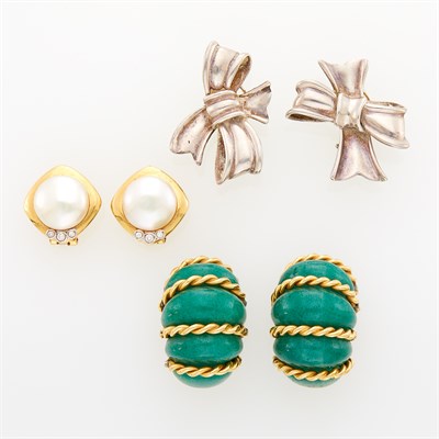 Lot 80 - Angela Cummings Pair of Silver Bow Earclips, Gold, Freshwater Pearl and Diamond Earclips and Aventurine Quartz Earclips