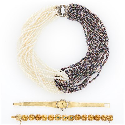 Lot 94 - Black and White Freshwater Pearl Torsade Necklace, Gold and Diamond Wristwatch and Antique Bracelet