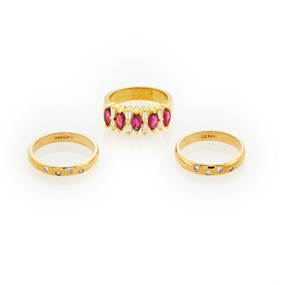 Lot 201 - Gold, Ruby and Diamond Ring and Two Gold and Diamond Band Rings