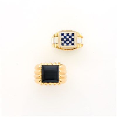 Lot 1034 - Gentleman's Gold and Black Onyx Ring and Two-Color Gold, Sapphire and Diamond Checkerboard Ring