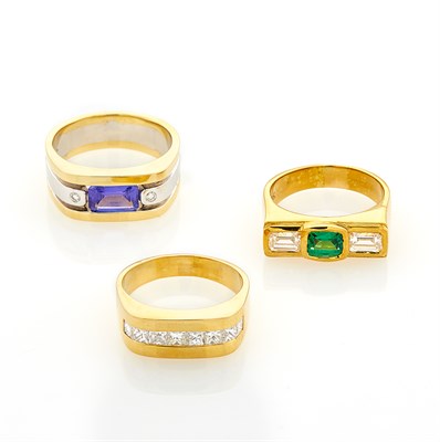 Lot 200 - Three Gold, Diamond, Green Garnet, Iolite and Simulated Diamond Rings
