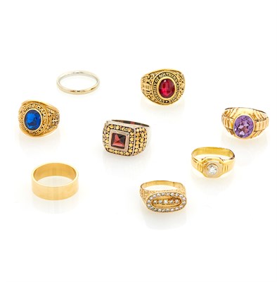 Lot 160 - Eight Gold, Silver, Diamond and Gem-Set and Synthetic Stone Rings