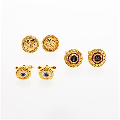 Lot 169 - Three Pairs of Gold and Gem-Set Cufflinks