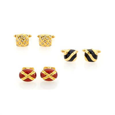 Lot 203 - Three Pairs of Gold, Diamond, Black Onyx and Enamel Cufflinks