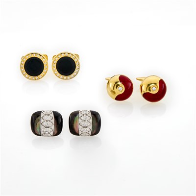 Lot 196 - Three Pairs of Gold, Diamond, Gem-Set and Enamel Cufflinks
