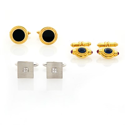 Lot 162 - Three Pairs of Two-Color Gold, Diamond and Gem-Set Cufflinks