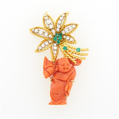 Lot 75 - Gold, Diamond, Emerald and Carved Coral Buddha and Flower Clip