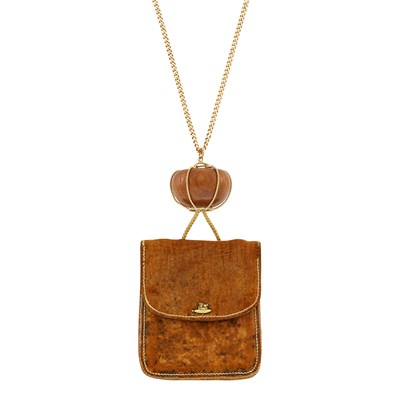 Lot 36 - Gold, Wood, Silver, Leather and Cord Japanese Fishing Pouch with Chain Necklace