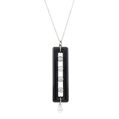 Lot 28 - Platinum, Black Onyx, Diamond Bead and Briolette Pendant with Platinum Chain Necklace