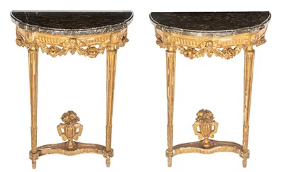 Lot 366 - Pair of Louis XVI Giltwood Petite Consoles...