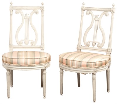 Lot 87 - Pair of Louis XVI Painted and Upholstered Lyre-...