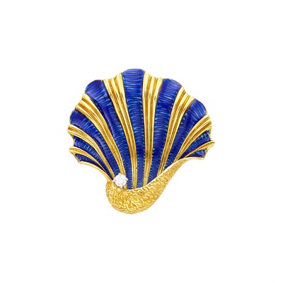 Lot 2 - Tiffany & Co. Gold, Blue Enamel and Diamond Shell Pendant-Brooch