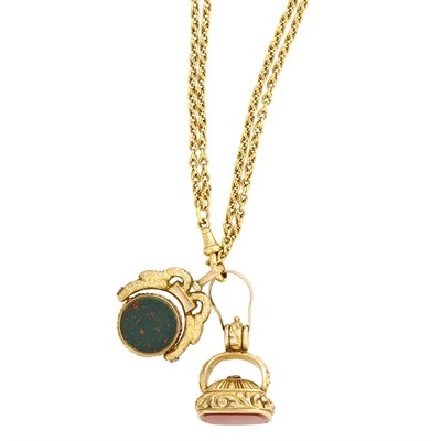 Lot 86 - Long Gold Chain Necklace with Antique Gold, Low Karat Gold, Silver-Gilt and Hardstone Fobs and Two Charms