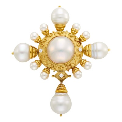 Lot 85 - Gold, Mabé Pearl, Semi-Baroque Cultured Pearl and Diamond Pendant Clip-Brooch