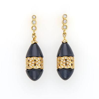 Lot 195 - Pair of Gold, Black Onyx and Diamond Pendant-Earrings