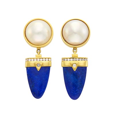 Lot 60 - Pair of Gold, Mabe Pearl, Gem-Set and Diamond Interchangeable Pendant-Earrings